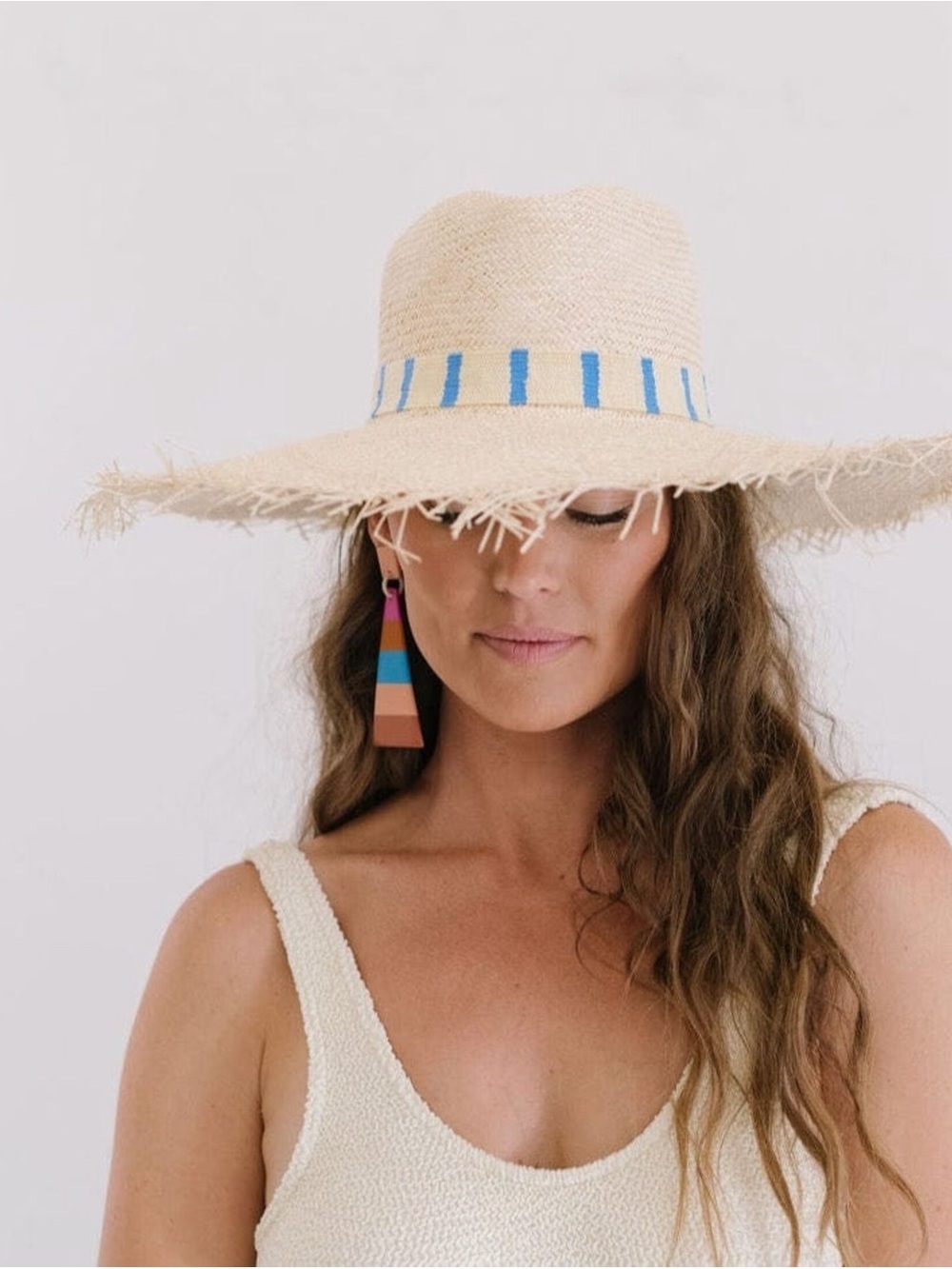Sunshine Tienda Susana Wide Brim Palm Fringe Straw Hat Size M/L